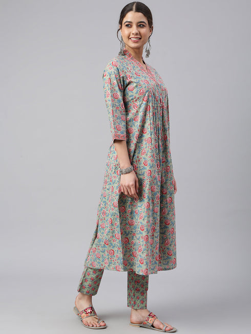 Sea Green Cotton Floral Print Kurta with Pant